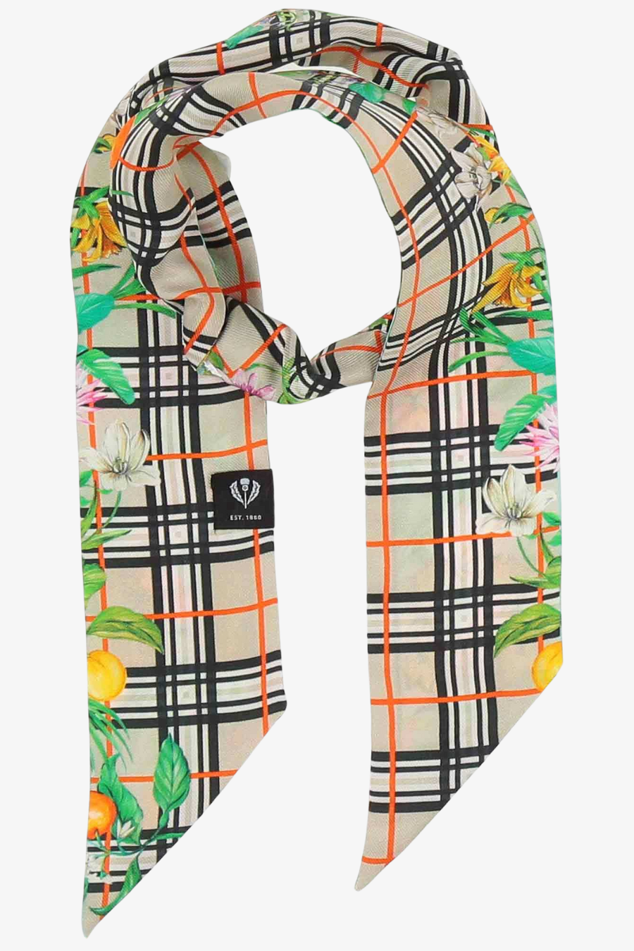 Tropical Plaid/Floral Skinny Silk Scarf/Headband