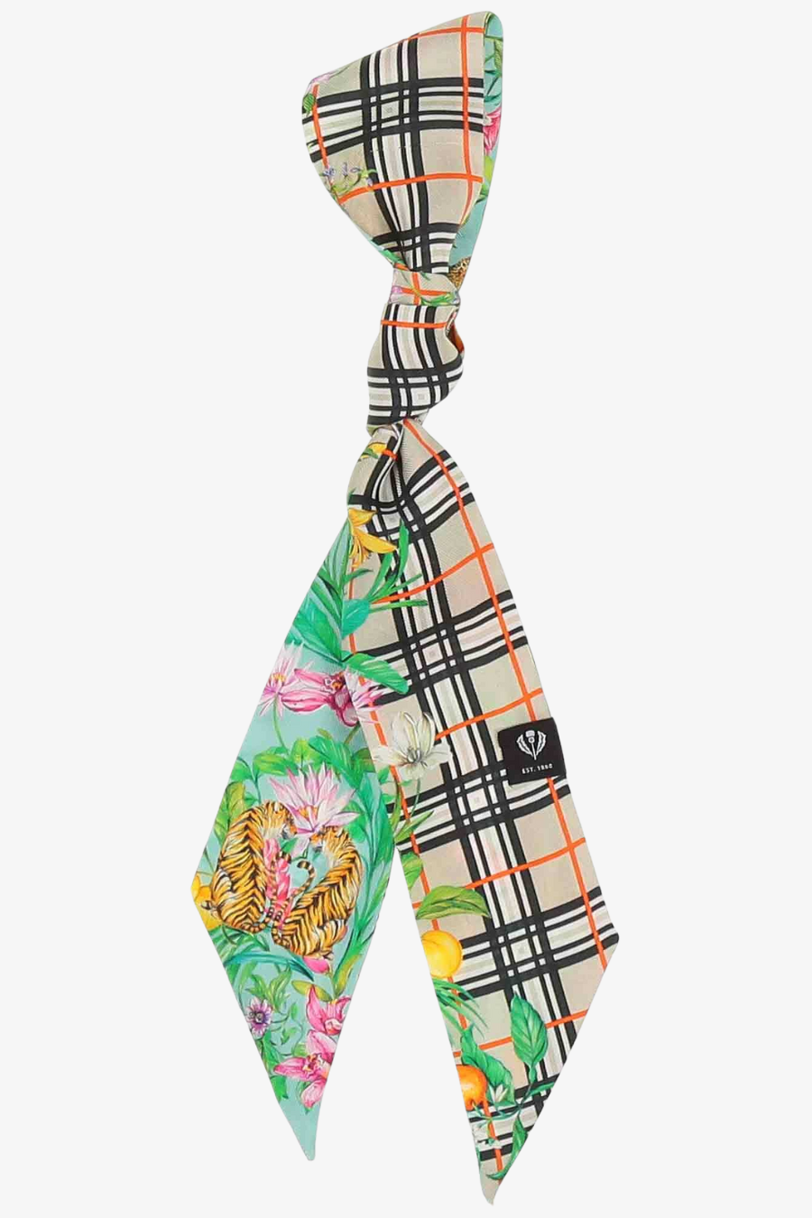 Tropical Plaid/Floral Skinny Silk Scarf/Headband