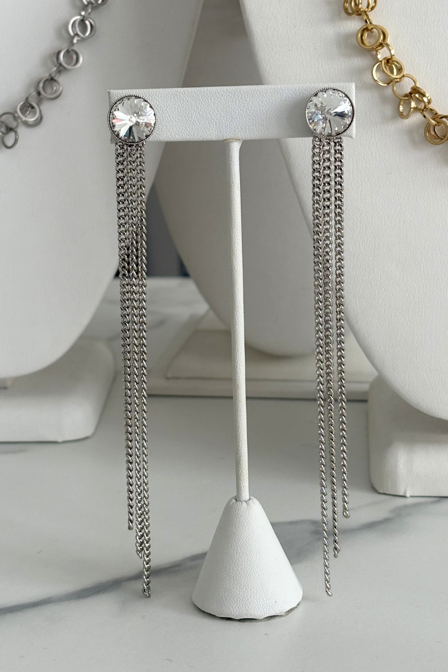 Crystal Stud Earring with Chain Cascade