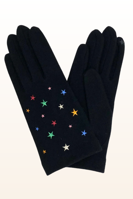Multi Stars Black Wool Gloves