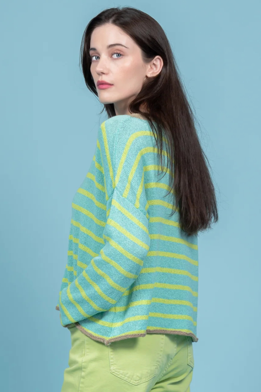 Lime Stripe Boat Neck Cotton Sweater