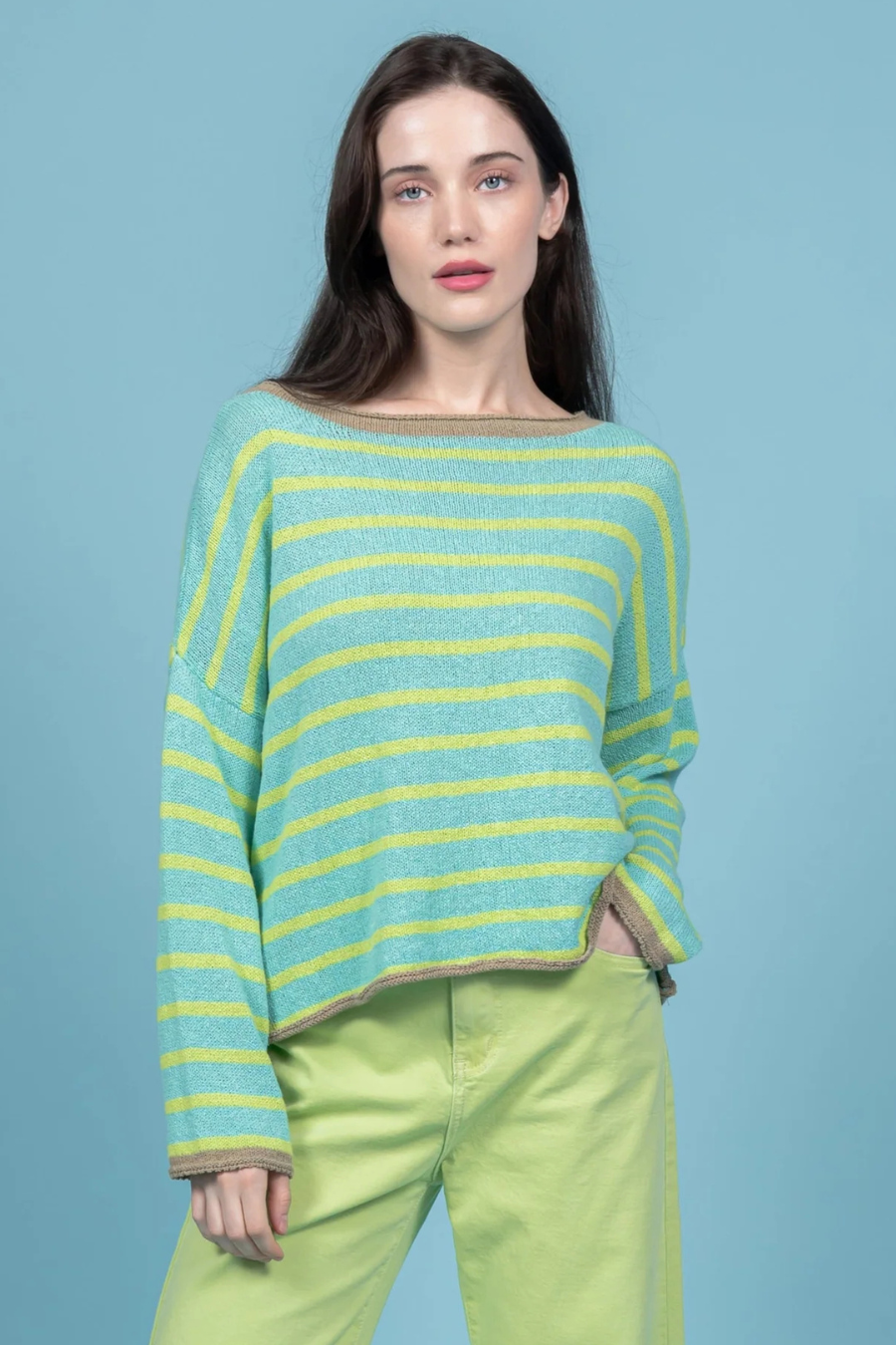 Lime Stripe Boat Neck Cotton Sweater