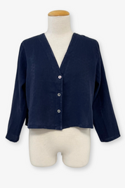 Crop V-Neck Navy Linen Jacket