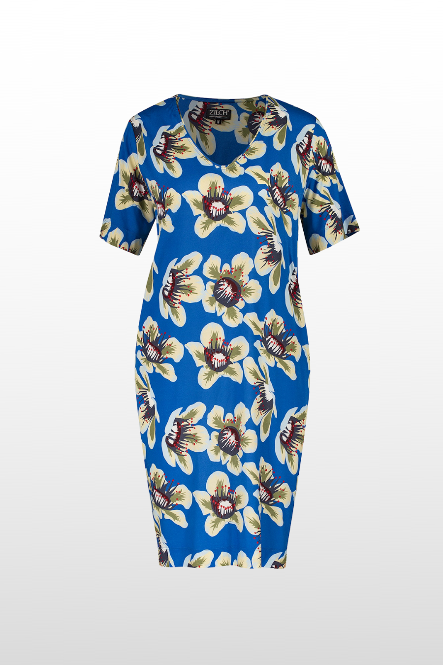v neck, short sleeve dress with large flower print