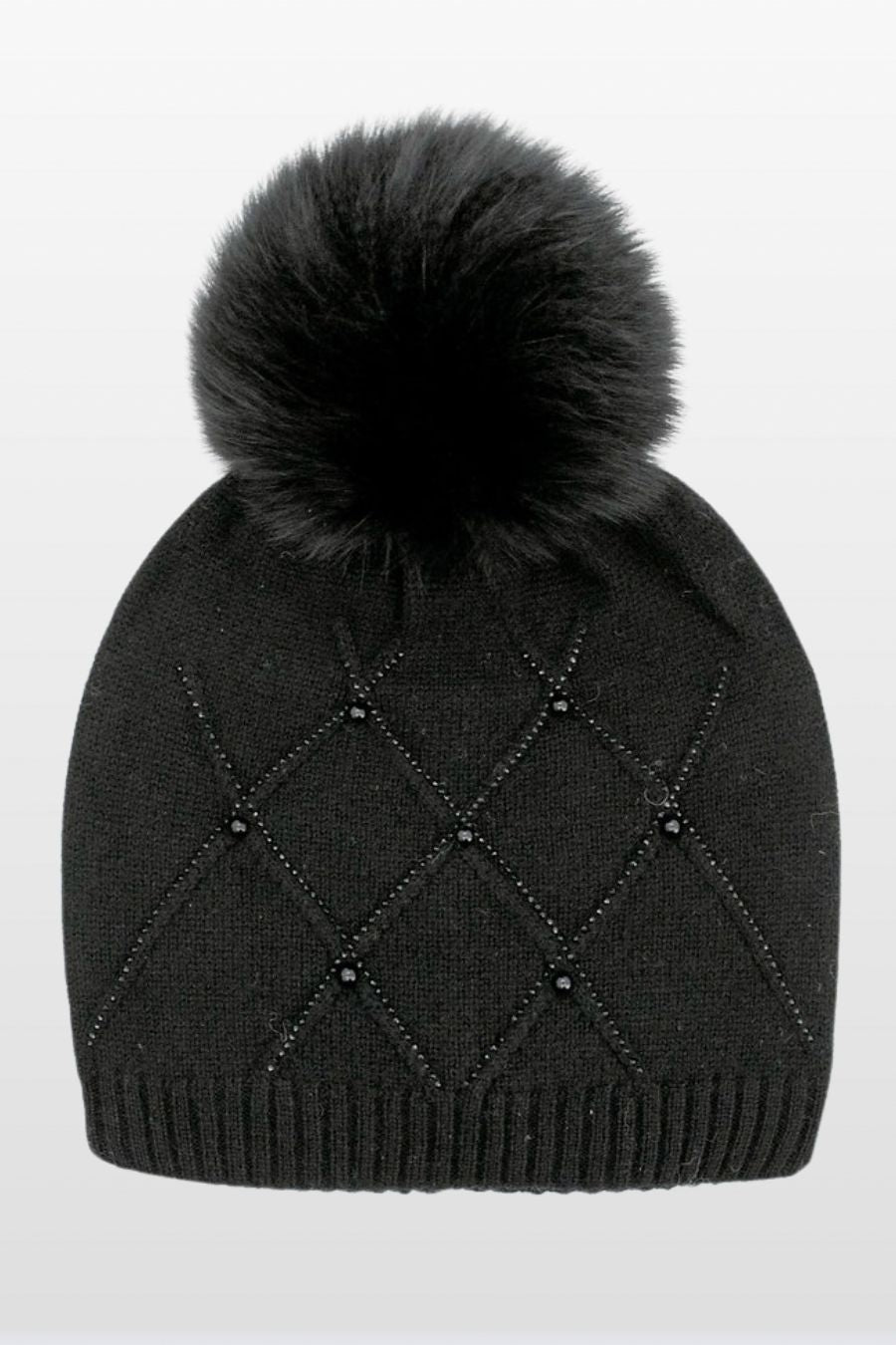 Diamond Crystal Pattern Wool Hat with Fur Pom