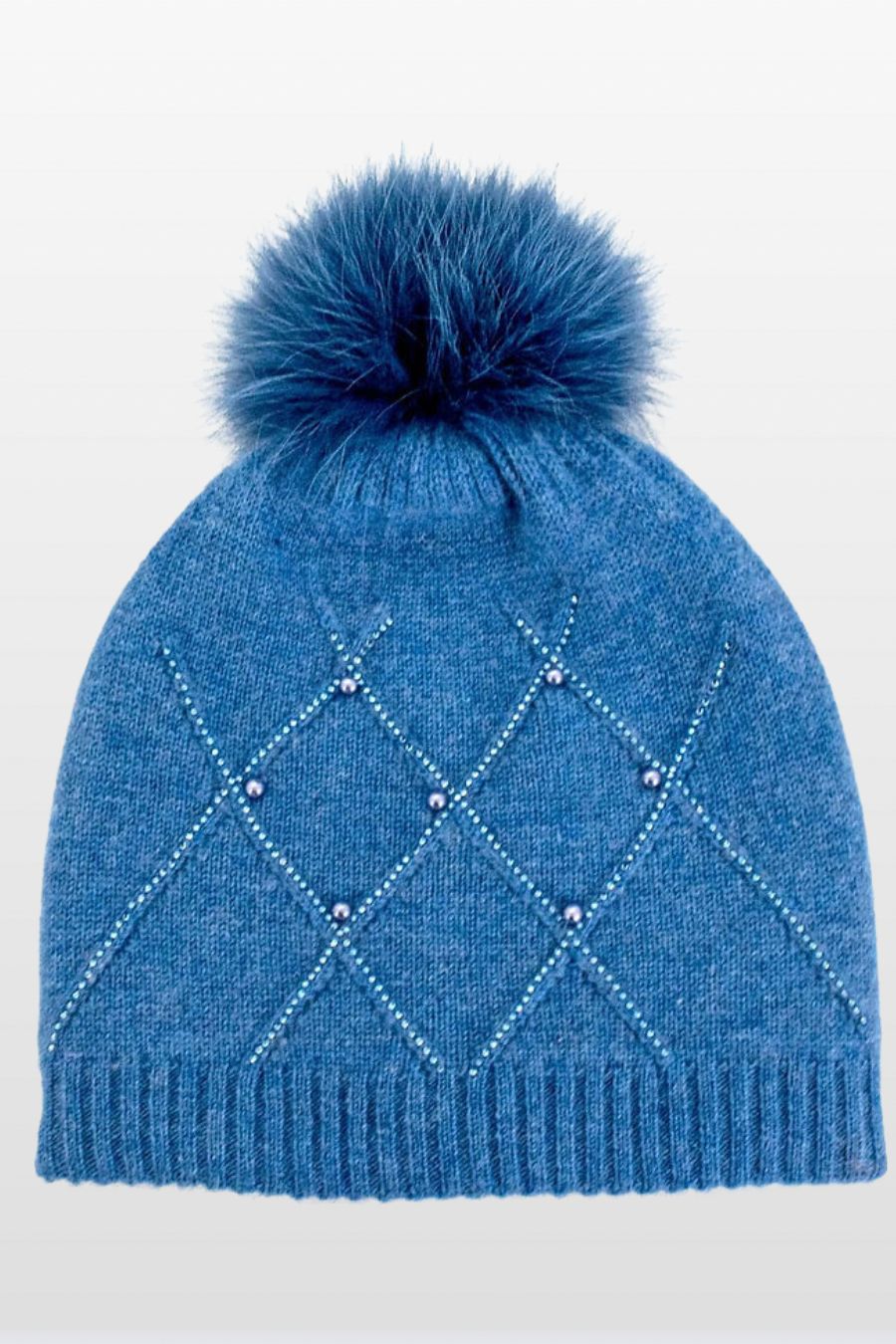 Diamond Crystal Pattern Wool Hat with Fur Pom