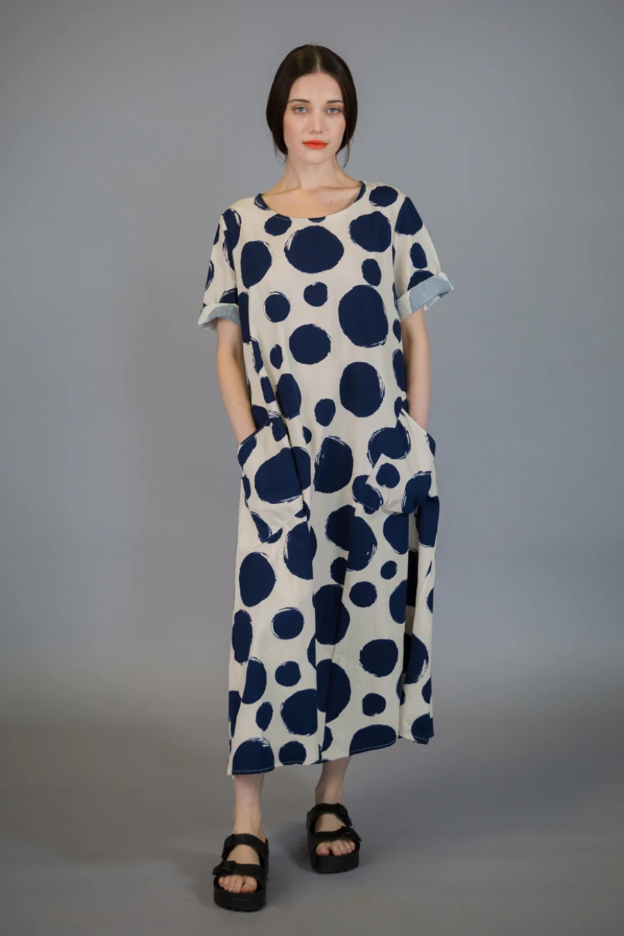 Short Sleeve Cotton Dot Dress-Navy/Cream