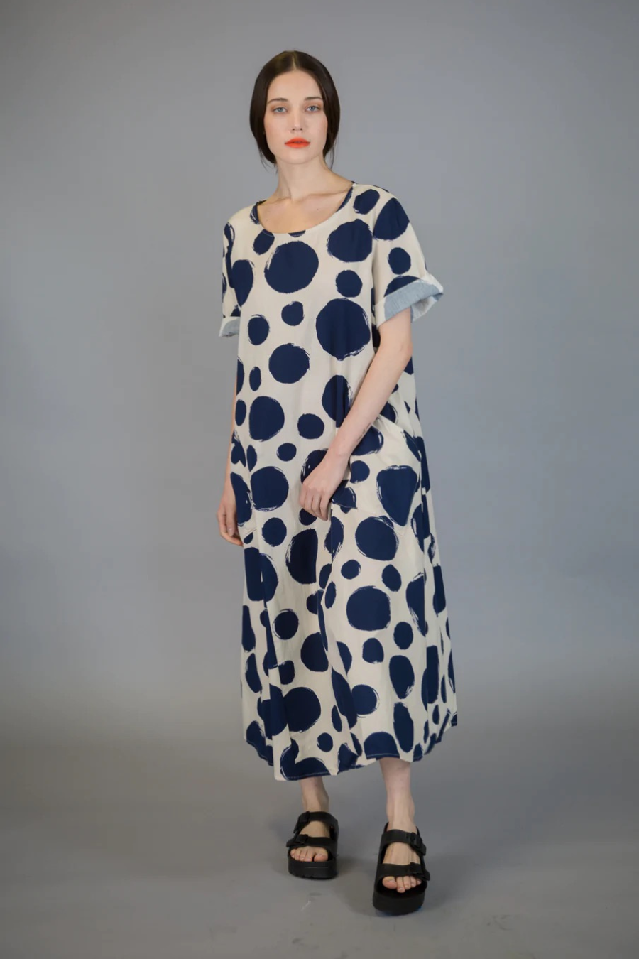 Short Sleeve Cotton Dot Dress-Navy/Cream