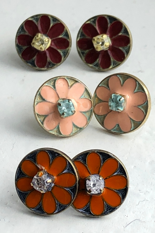 Enamel and Crystal Flower Stud