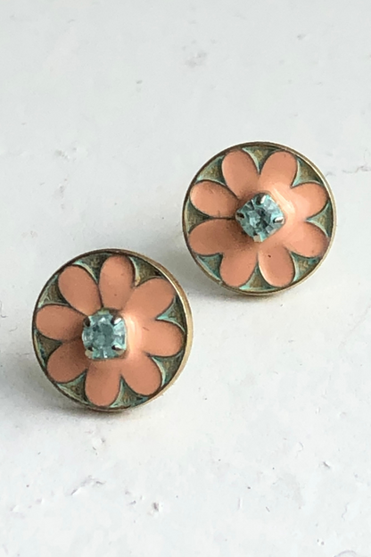 Enamel and Crystal Flower Stud