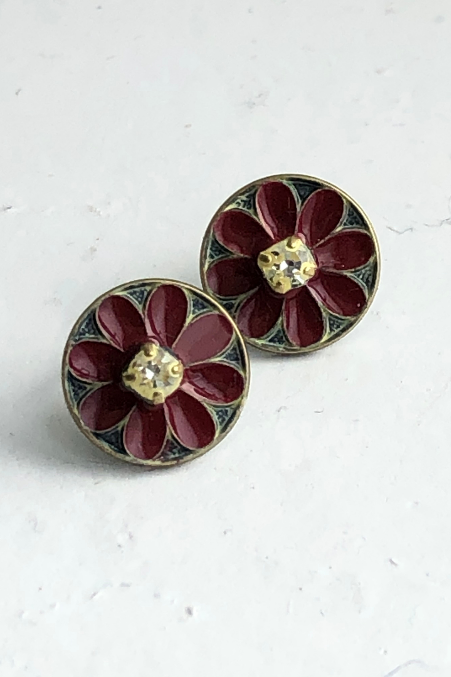 Enamel and Crystal Flower Stud