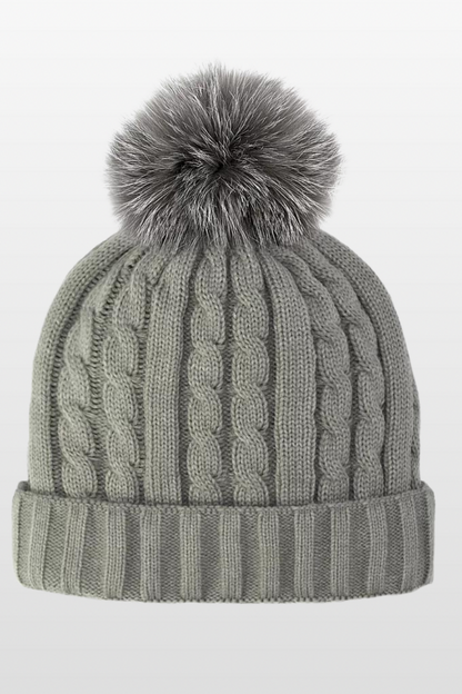 Cable Knit Hat with Fleece Lining and Fox Fur pom