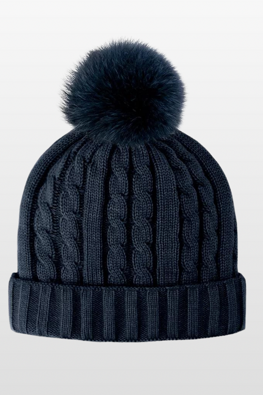Cable Knit Hat with Fleece Lining and Fox Fur pom