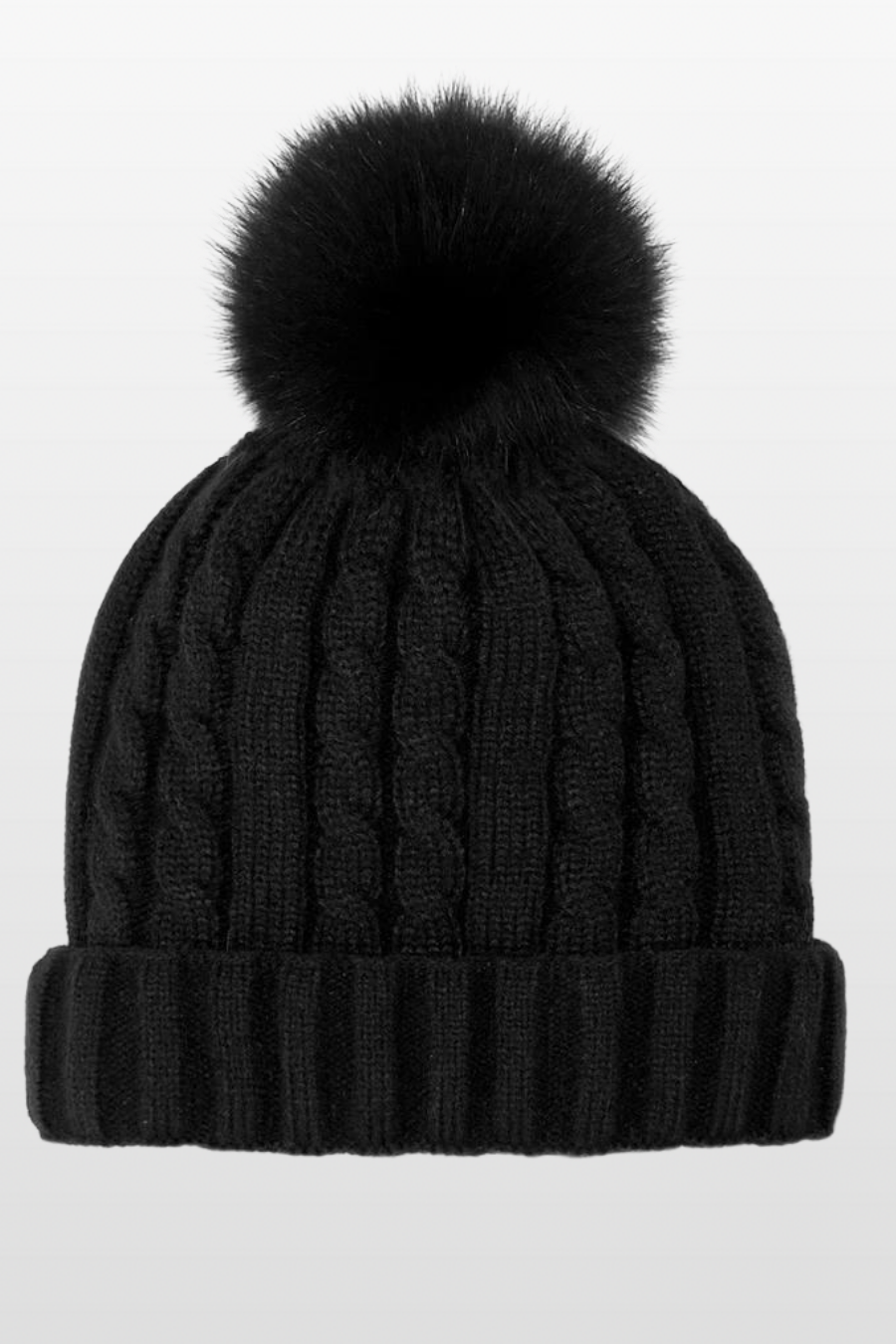 Cable Knit Hat with Fleece Lining and Fox Fur pom