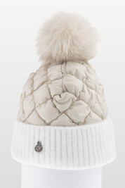 Puffer Beanie with Knitted Cuff and Up-cycled Fur Pom Pom