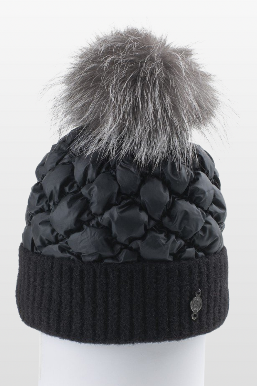Puffer Beanie with Knitted Cuff and Up-cycled Fur Pom Pom